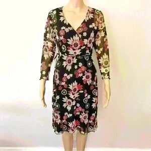 MEXX Floral  Romantic Mesh V Neck Black Long Sleeves Midi Dress Size Large.